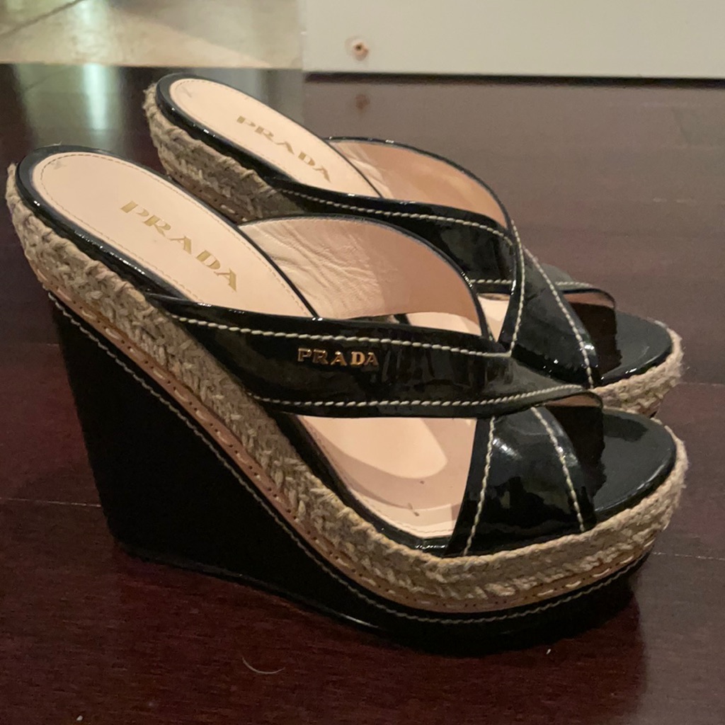 Prada Glossy Black Espadrille Wedges